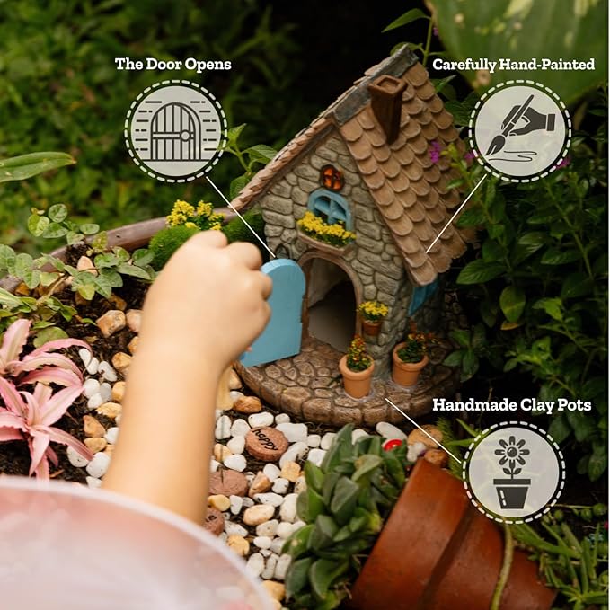 My Fairy Garden Kit – 11-Piece Fairy House Set - 7.1" High Fairy House for Outside with Open Door & Solar Light, Fairy & Dog Figurines, Mushrooms & Miniature Accessories – Outdoor Decor Gift