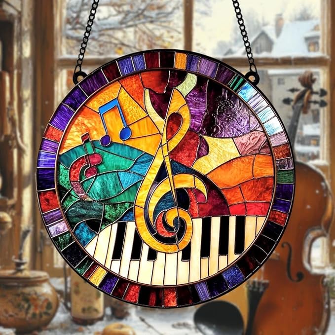 Treble Clef Piano Acrylic Suncatcher Stained Glass Effect Window Car Hanging Christmas Ornament Indoor Outdoor Decor Garden Sun Catcher Panel Gifts for Music Lover for Women Mom Grandma