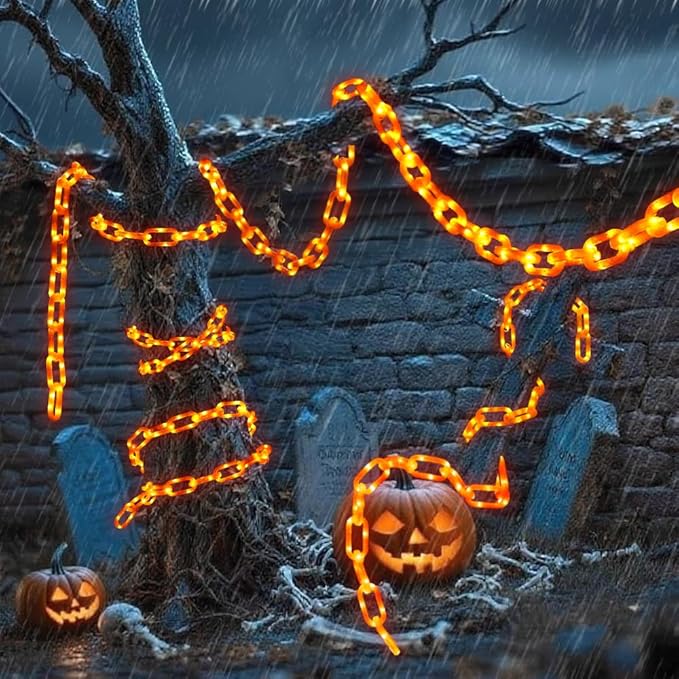 10Ft Halloween Chain String Light Decorations Outdoor Indoor, 160 LED Lights with 8 Modes Waterproof Lighted Prop Chains for Halloween Party Favors Yard Haunted House Spooky Decor(Orange)