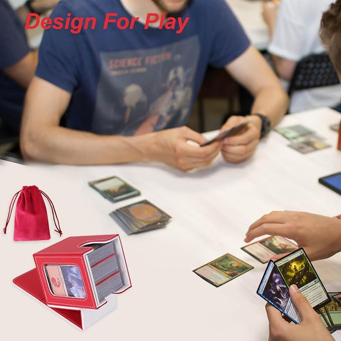 AFIING MTG Deck Box for Commander Display,Card Deck Box Fits 60+ Double Sleeved Cards or 100+single sleeved cards, Magic Commander TCG Card Storage Box with 2 Dividers,Dice Bag(Red/White)