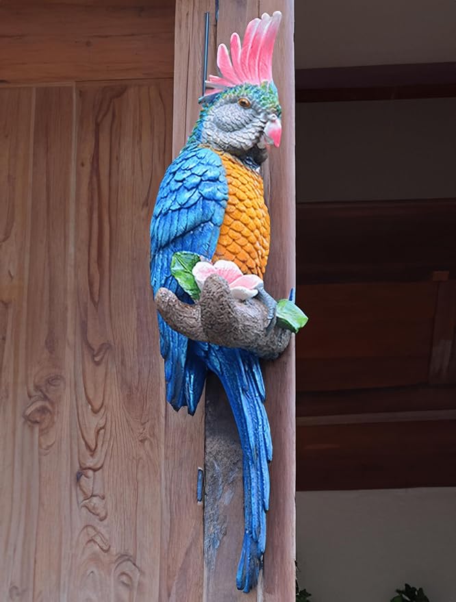 Coolboy Parrot Figurine, Outdoor Resin Bird Decoration, Flapping Macaw Bird Tropical Decor Wall Sculpture, Polyresin, Blue