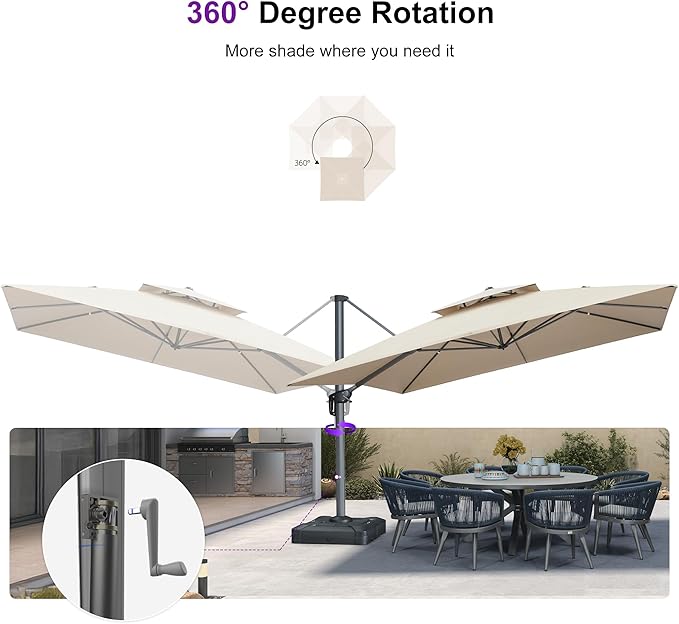 PURPLE LEAF Cantilever Umbrella with Base Included 12FT Outdoor Large Heavy Duty Double Top Offset Hanging 360° Rotation Square Umbrella for Garden Patio Deck Pool Backyard Spectrum Sand