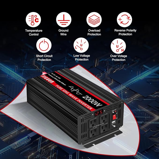 JIGUUN 4000W Peak Pure Sine Wave Power Inverter 2000 Watt,12v DC to 110/120v AC Inverter 3 AC & USB Output,Power Converter LED Display for Home RV Camping Outdoor Car Truck