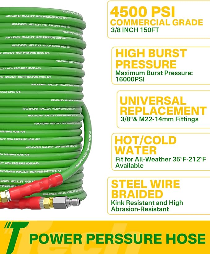 Pressure Washer Hose 150FT 3/8" for Cold and Hot Water 212°F, with Swivel Quick Connect, 4500PSI Kink Resistant Grade Steel Wire Braided, Power Washer Hose With 2pcs M22-14mm Adapter