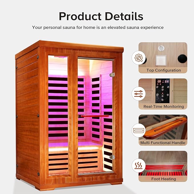 Far Infrared Home Sauna 2 Person Indoor Sauna Dry Wood Spa Room 1880W 110V with Red Light Control Panel, Bluetooth Speaker, Reading Lamp