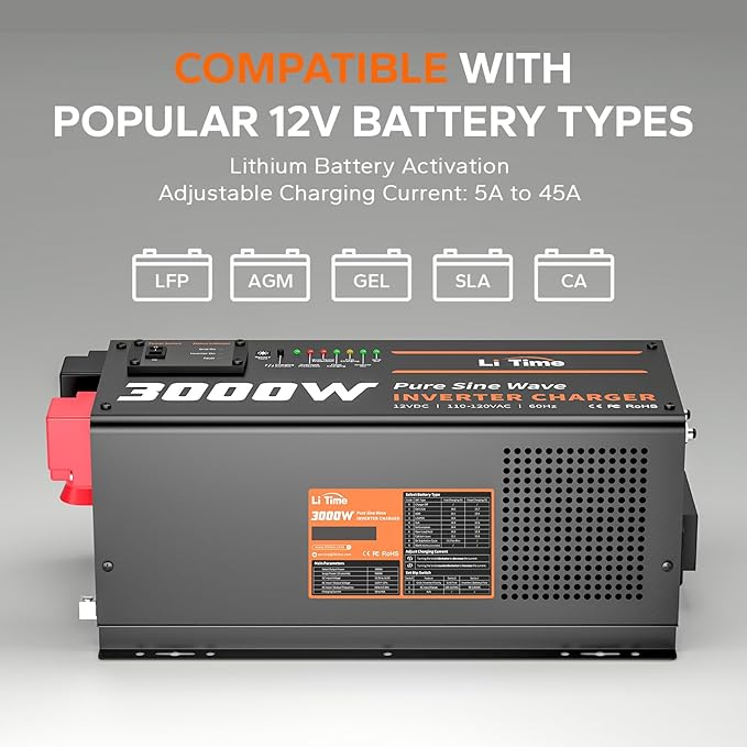 LiTime 3000W Inverter Charger, Pure Sine Wave Inverter 12V DC to 120V AC, 9000W Peak Power, UPS Function, 5A - 45A Adjustable Current, LCD Remote Control for RV, Home Backup, Truck, Boat