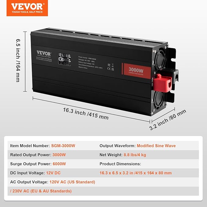 VEVOR Modified Sine Wave Inverter, 3000Watt Power Inverter DC 12V to AC 120V LCD Display with 3 AC Outlets 2 USB Port 1 Type-C Port 10 Spare Fuses, for Large Household Equipment, CE FCC Certified