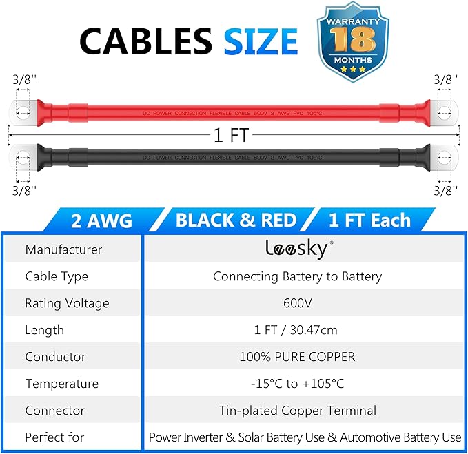 LEESKY 2 AWG Battery Cables 2 Gauge 1Feet Pure Copper Battery Inverter Cables 3/8 Inch Terminals for Golf Cart, Power Inverter, Solar, RV, Marine