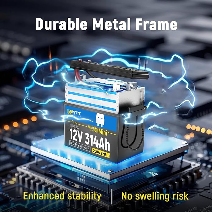 Wattcycle 12V 314Ah LiFePO4 Mini Lithium Battery with Bluetooth 5.0, Built-in Metal Frame 200Ah BMS, 4.01kWh Energy, Upgraded Aluminum Cooling Fins, 12v 300ah + Lifepo4 Lithium Batterys