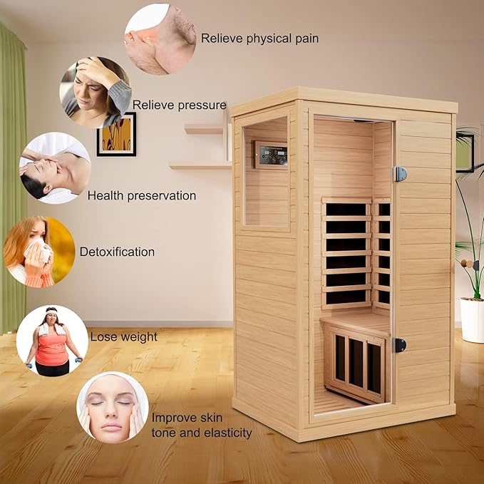 Infrared Sauna, 1 Person Infrared Sauna, Low EMF Indoor Sauna, Far Infrared Saunas for Home, 1050W,Canadian Hemlock,Smart Display,Bluetooth,Reading Lamp