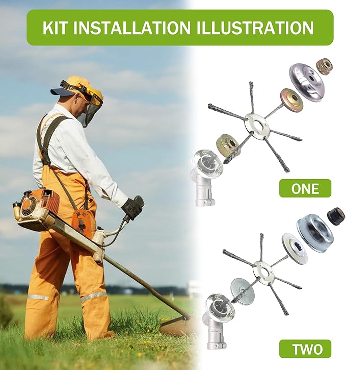 Weed Eater Trimmer Head w/Install Kit - Universal 9" Weed Eater Attachments，Steel Wire Weed Wacker Blade(6 Blades, 1" Mount) for Stihl, Husqvarna, Echo