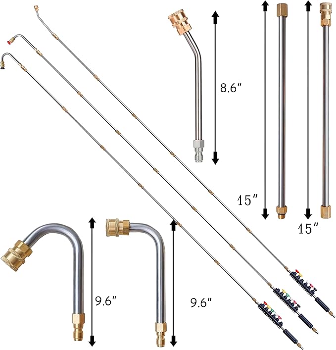Hourleey 9 Pack Pressure Washer Extension Wand Upgrade Power Washer Lance with 6 Nozzle Tips, 30°,90°,120° Curved Rod, 1/4" Quick Connect, 4000 PSI