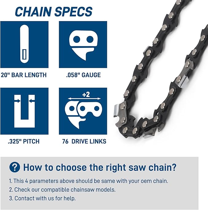 SawWorks 3-Pack 20 Inch Chainsaw Chain, 325" Pitch .058" Gauge 76 Drive Links for Supmix 62cc, WEMARS ‎6220G, NEOTEC NCS6200, Blue Max 53543, 52209, 8901, 8902 and More