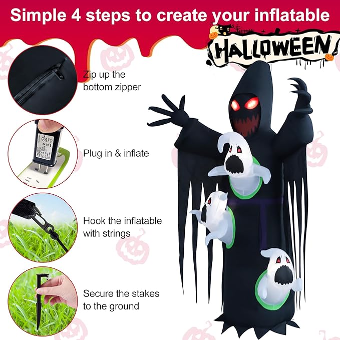 8ft Harvester with Runaway Ghost on Chest Halloween Inflatable Outdoor Decoration, Yard Decorations with LED Lights for Outdoor Lawn, Garden, Home Holiday Party