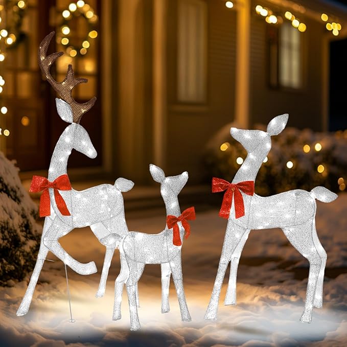 4.5Ft Lighted Reindeer Outdoor Christmas 2D Deer Family Sets Outdoor Reindeer Christmas Yard Decoration with LEDs/Stakes/Zip Ties for Holiday Patio Lawn Garden