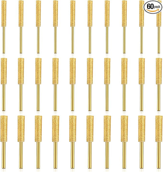 60pcs Diamond Chainsaw Sharpener Bits High Hardness Plated Burr Grinding Stone with 3 Different Sizes 5/32, 3/16, 7/32 Inches for Chain Saws Jewelry Metal Wood Polishing