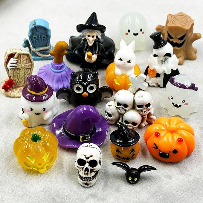 Halloween Miniature Figurines - 18Pcs Resin Pumpkin Ghost Tombstones Ornaments Halloween Garden Accessories Miniature Figurine Decorations for Outdoor Statues Home Village Bonsai Crafts Decor