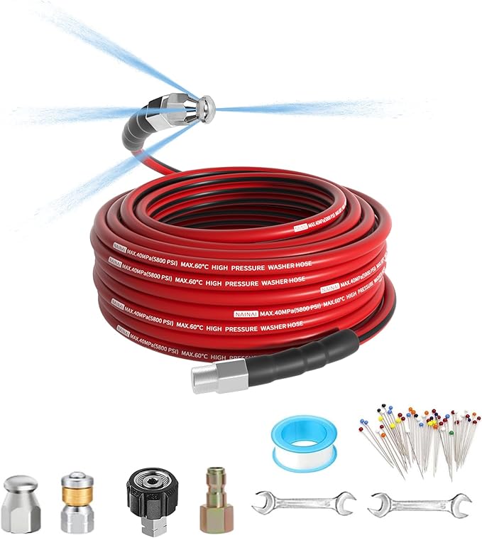 NaiNai 25FT Sewer Jetter Kit for Pressure Washer,1/4 Inch NPT Sewer Jetting Hose,Pressure Washer Drain Cleaner Hose 5800PSI with Sewer Jetter Nozzles, Gloves, Waterproof Tape (25FT)