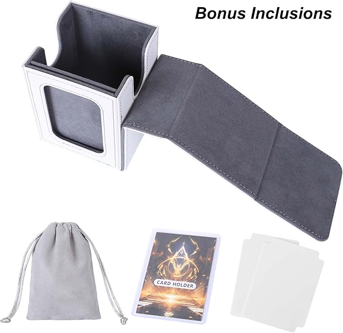 AFIING MTG Deck Box for Commander Display, Fits 100 Double Sleeved Cards, Magic Commander TCG Card Storage Box with 2 Dividers, Drawstring Bag and 1 Toploader (White/Grey)