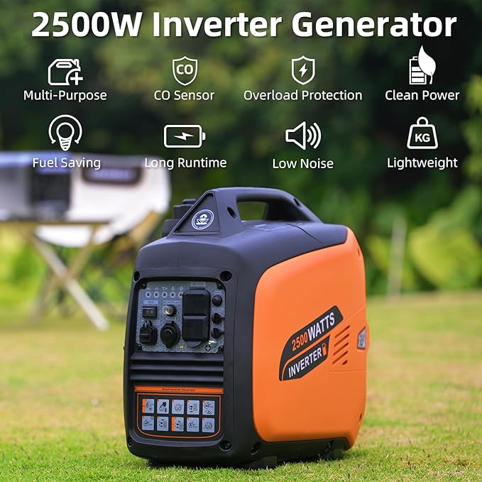 Portable Inverter Generator 2500W Gas Powered, Long Runtime Gas Generators for Home Use, Camping, Super Quiet Emergency Home Backup, with CO Sensor, EPA Compliant