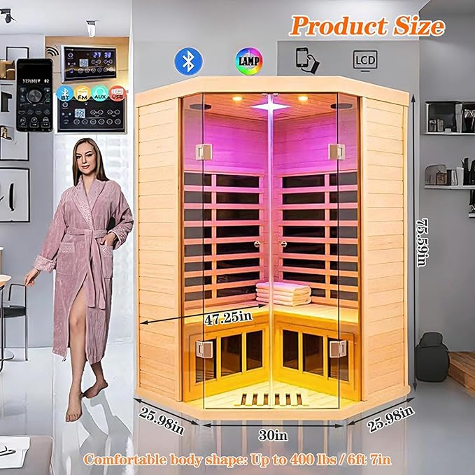 Smart APP Control 2-3 Person Ultra Low EMF (0-5mG) Far Infrared Sauna for Home, 1520W Hemlock Wood Sauna Room with Bluetooth Speaker & Chromotherapy Lights, LCD Touch Panel, Constant Temperature Cover