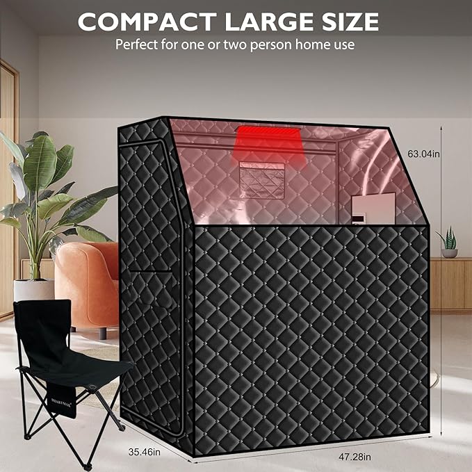 Smartmak Two Person Portable Far Infrared Sauna for Home, Full View X-Large Sauna Box with 660nm Red Light Therapy Lamp, 6 Heaters, Indoor SPA Room for Relaxaion, Remote Control, 2 Big Folding Chairs