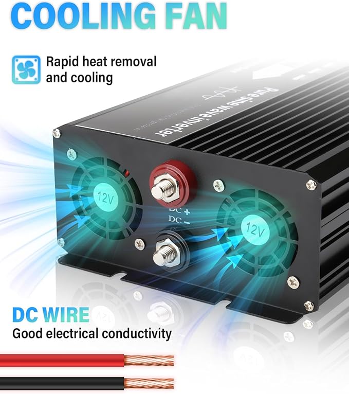 NIHAO 3000W Power Inverters DC 12V to 110V AC Converter with LCD Display, 2 International Socket and Battery Clips for Home, RV, Outdoor, Camping, Boat