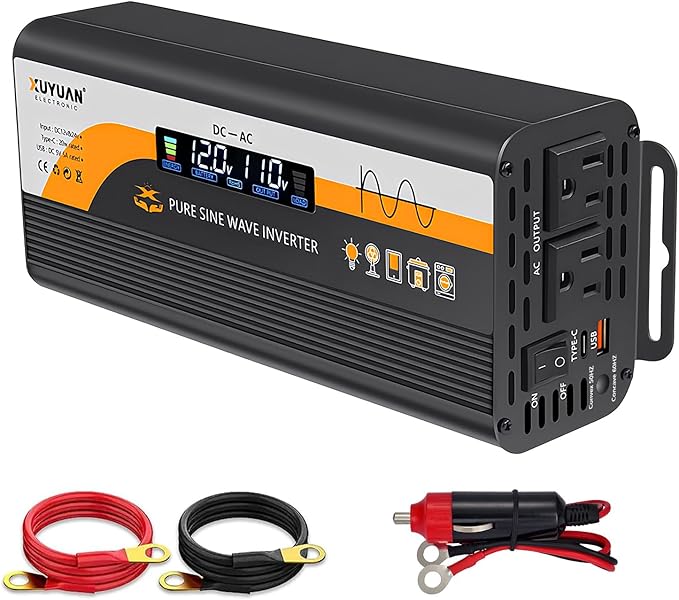 1000W Pure Sine Wave Inverter (2000W Peak), 12V/24V Auto-Detect, 50Hz/60Hz Switchable, LCD Display, Type-C Fast Charging, Silent Design, Overload & Overheat Protection for RV, Home (Black-1000W)