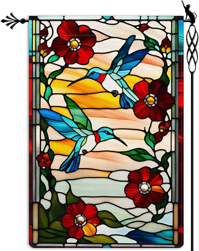 Spring Summer Hummingbird Garden Flag Glass Style Vertical Double Sided Rustic Farmland Burlap Yard Lawn Outdoor Decor 12.5x18"