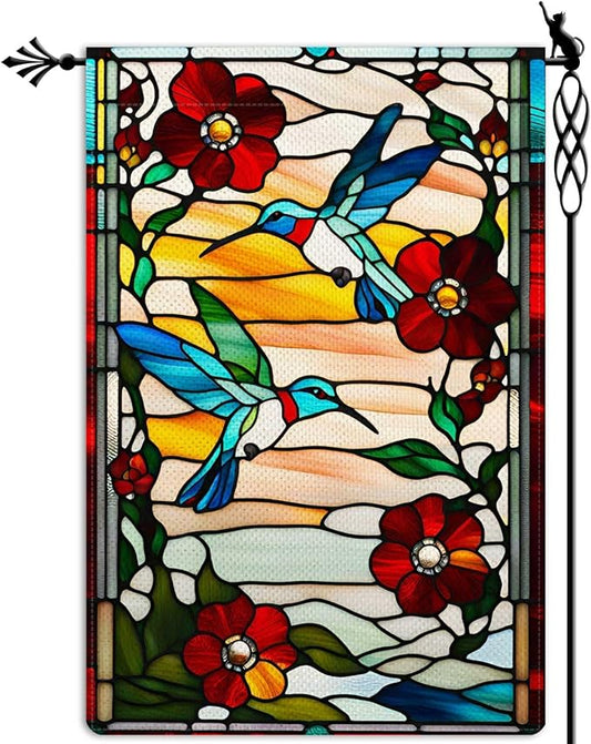 Spring Summer Hummingbird Garden Flag Glass Style Vertical Double Sided Rustic Farmland Burlap Yard Lawn Outdoor Decor 12.5x18"