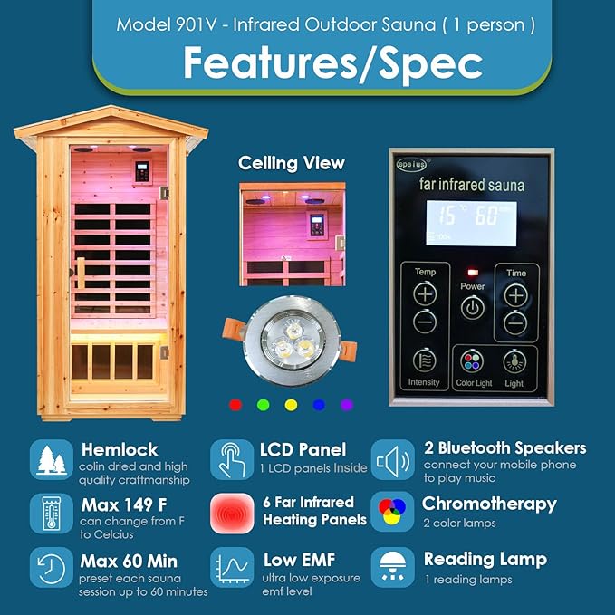 Saunas 901V Far Infrared Sauna, Outdoor Wooden Dry Sauna Low EMF (Hemlock Wood, 1-Person Size)