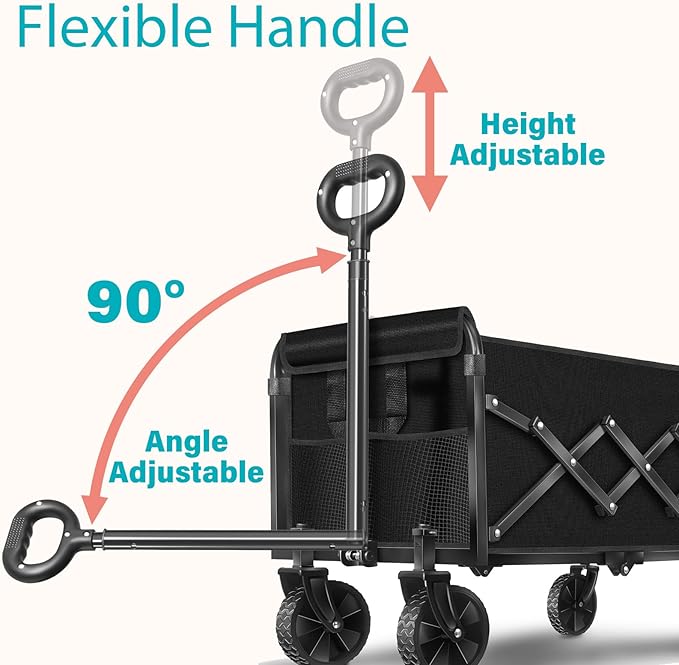 Wagons Carts Foldable, 260 Lbs with Adjustable Handle, Black Lightweight Portable, Collapsible Wagon for Camping, Shopping, Sports, Travel, Garage and Gardening Storage with Drink Holders
