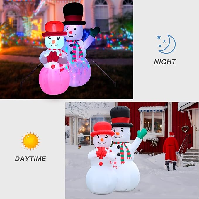 FirstE 7 FT Inflatables Snowman, St Patrick's Giant Blow Up Snowman Couple Built-in Rotating Colorful LED Light, Wear Magic Hats and Striped Scarfs, Decor for Outdoor, Yard, Lawn
