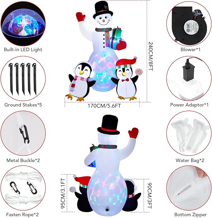 8FT Outdoor Inflatable Christmas Snowman Penguin Xmas Blow Up Decor with LED Lights