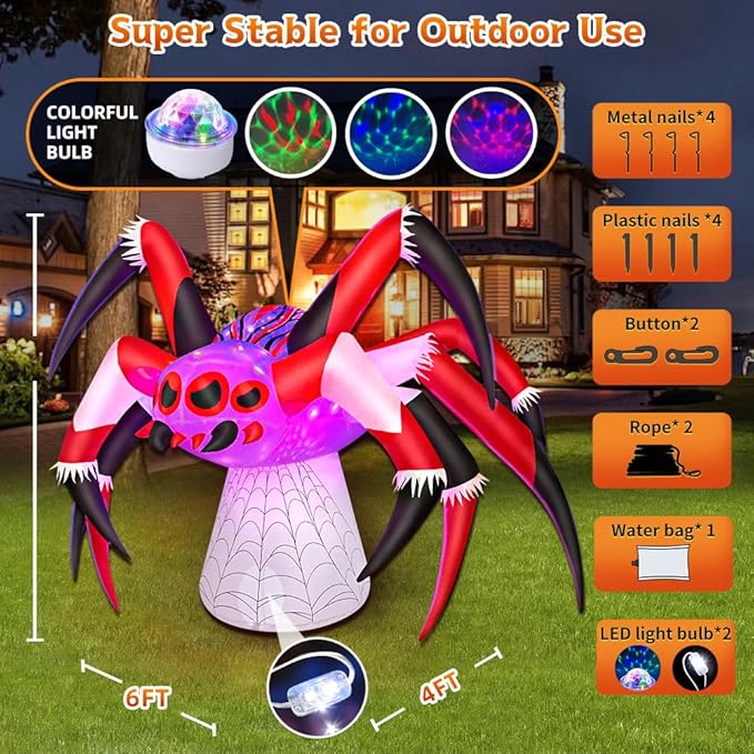 6FT Halloween Inflatables Spider Decoration with Magic Led Light Up Halloween Inflatables Outdoor Decorations Blow up Inflatables for Halloween Holiday Party Lawn Yard Outside Garden Décor