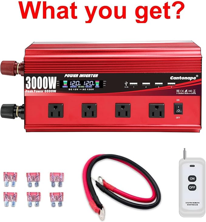 3000W Power Inverter 12V to 110V/120V DC to AC with LCD Display, Remote Controller 4 x AC Outlets and 4 x 3.1A USB Car Adapter for Car Truck Boat RV Solar System