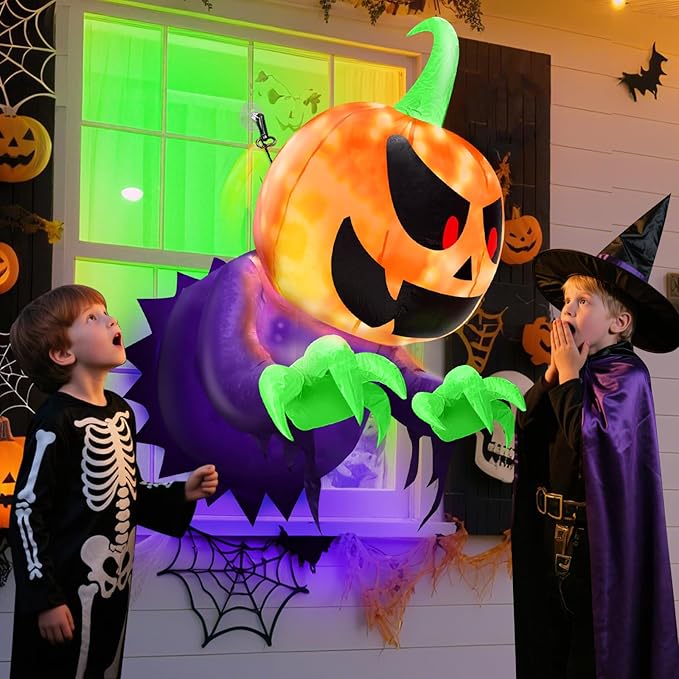 TURNMEON 4 Ft Inflatable Halloween Window Decoration, Blow Up Pumpkin Ghost Broke Out from Window Built-in Multicolored Changing Lights, Halloween Decor for Outdoor Home Party Yard Garden Lawn