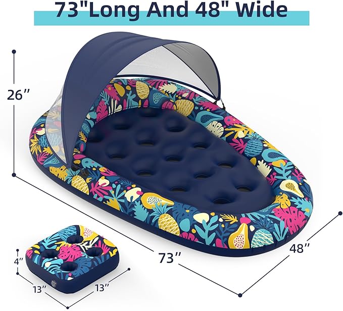 3-in-1 Pool Floats with Canopy Cup Holder, Large 73" x 48" Pool Floats Adults Heavy Duty, Inflatable Lounger Raft Floating Chair with Backrest, Swimming Pool Lake Beach Pool Party