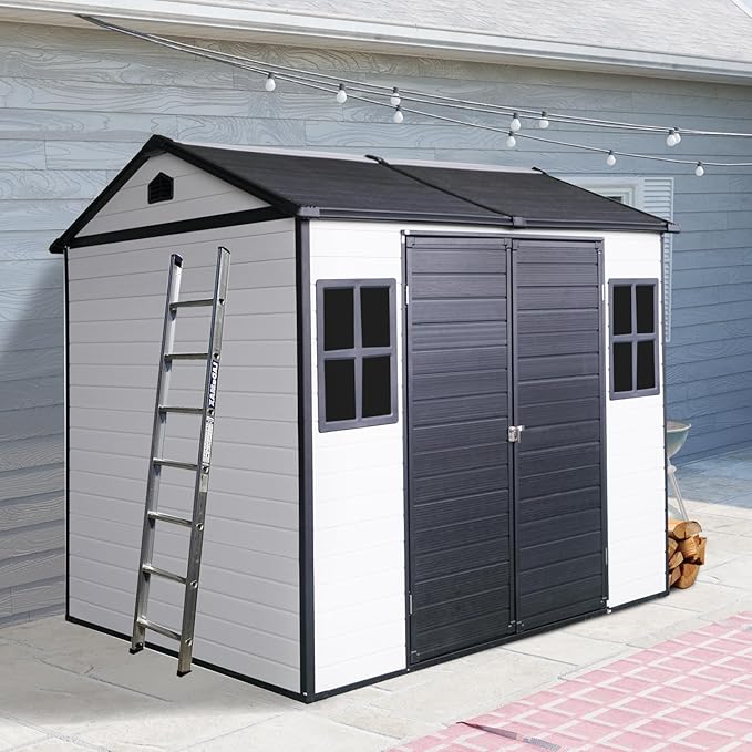 8x6 ft Resin Outdoor Storage Shed with Two-Window and Double-Door, Plastic Shed with Floor for Gargen, Patio, Yard, Lawn, Grey (1 Doors) (Grey White, 8x6 ft)
