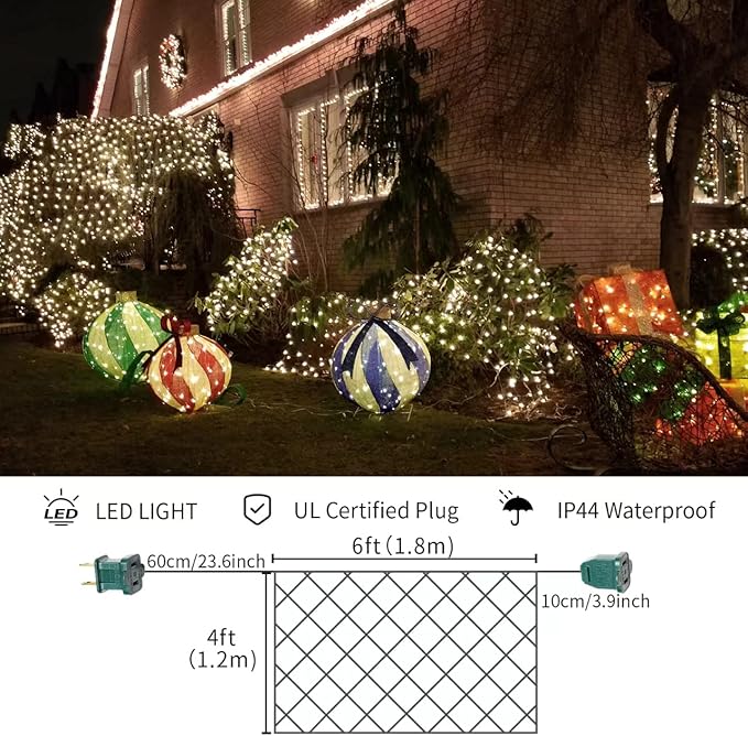 Led Christmas Net Lights Outdoor Christmas Decorations Lights 150LED 6ftx4ft, Connectable Outdoor Fairy Mesh String Lights for Party, Holiday, Wedding, Tree, Bushes Decorations (Warm White)
