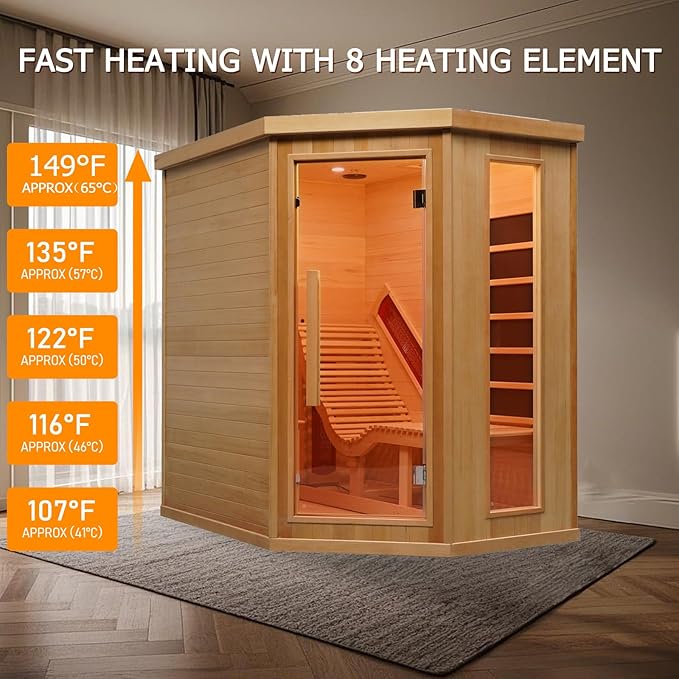 Smartmak Far Infrared Wood Sauna, 1 or 2 Person Full Spectrum Red Light Therapy Luxury Recliner Home Corner Sauna, Indoor Canadian Hemlock Dry Spa, 2300W with 8 Heaters, Speakers, Lights, Oxygen Bar