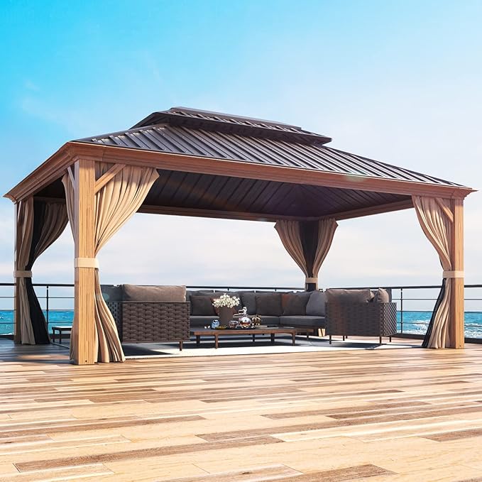 MELLCOM 12'x16' Wood Looking Hardtop Gazebo, Aluminum Frame and Galvanized Steel Double Roof, Metal Outdoor Gazebo with Curtains and Nettings for Deck Backyard and Patio