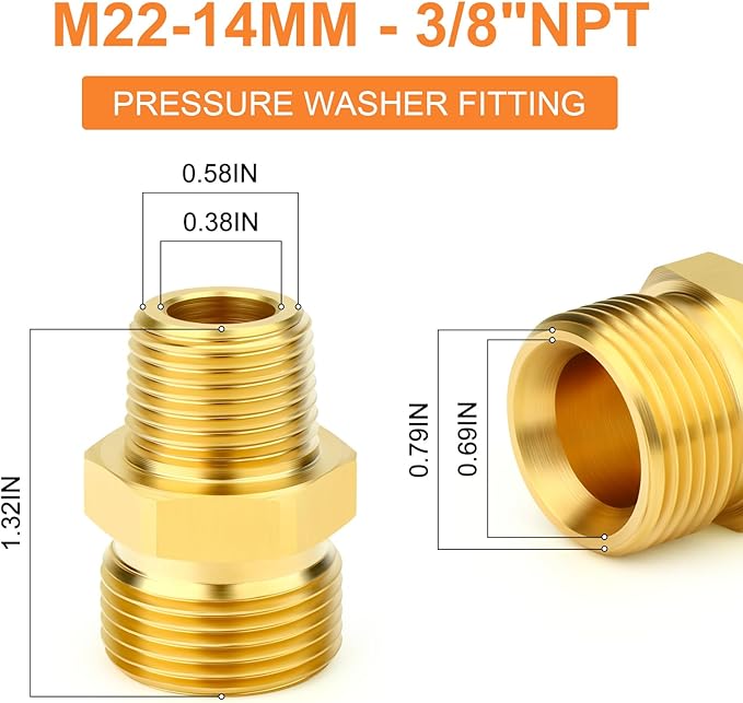 GASHER 2Pcs Brass M22 Pressure Washer Fitting,M22-14mm Male x 3/8"NPT Male Thread Fittings,For Pressure Washer Hose