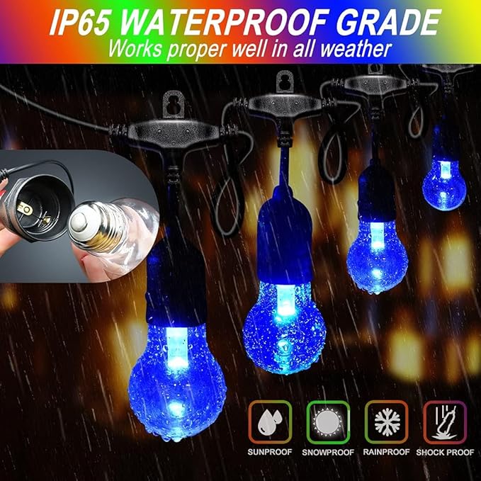 Auroraworld 96FT RGB Outdoor String Lights, Dimmable Color Changing Waterproof LED Patio Lights with Remote & E26 Shatterproof Edison Bulbs for Bistro Backyard Garden Party Decor