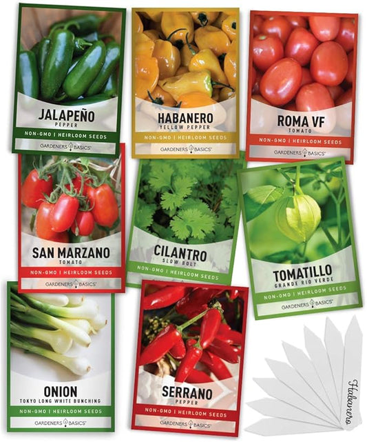 Gardeners Basics, Heirloom Hot Salsa Growing Seed Packets 8 Varieties Habanero, Jalapeno, Serrano Peppers, Roma, San Marzano Tomato, Cilantro, Green Onion, Tomatillo for Garden Non-GMO Heirloom
