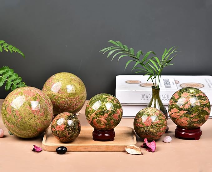 JIC Gem Natural Unakite Crystal Sphere Rock Quartz Crystal Ball with Wood Stand Healing Meditation Energy Decoation Ball (70-80mm)