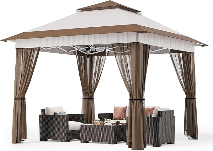 Bealife 11x11 Pop Up Gazebo Tent with Mosquito Netting, Outoor Canopy Tent with 4 Sandbags, 8 Stakes, 4 Ropes, Roller Bag, Pop Up Canopy Tent for Lawn Backyard Garden Deck, Beige