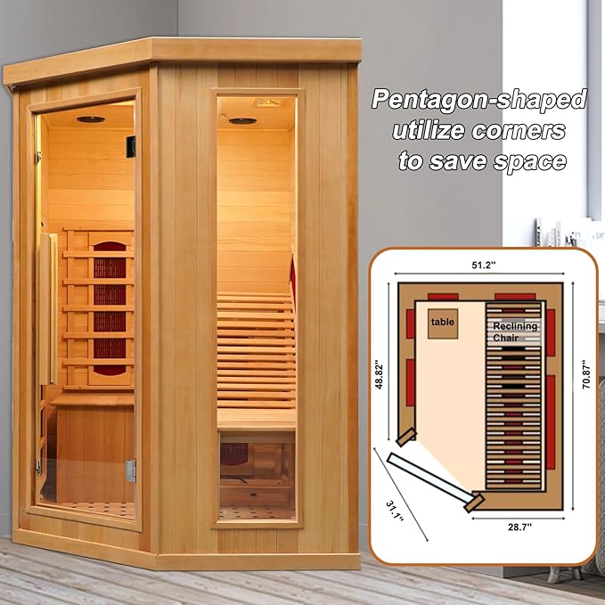 ZONEMEL 1 to 2 Person Infrared Sauna Room, Canadian Hemlock Wood Sauna with Recliner, Tempered Glass Door, 220V, 2300W, 4 Full Spectrum Heating Tubes, 4 Carbon Crystal Heating Panel, Oxygen Bar