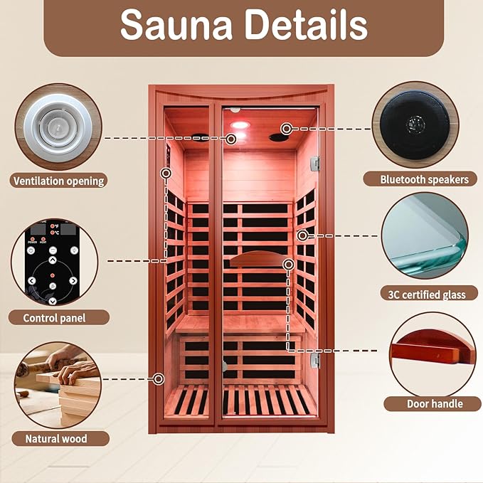 Home Far-Infrared Sauna Cabin - for 1-2 Persons Low Electromagnetic Radiation 1550W Indoor Spa Room Featuring Multicoloured Lighting Bluetooth Speaker and Control Panel