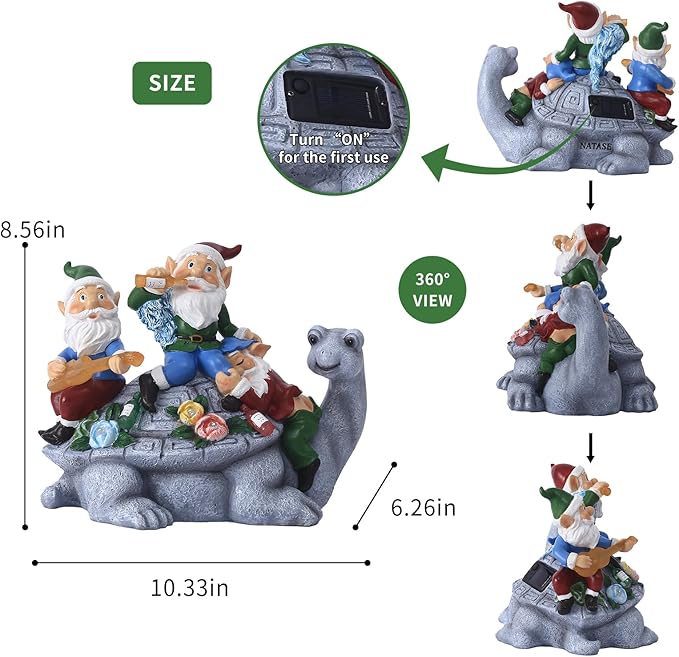 Solar Garden Outdoor Statues Three Gnomes Having Party on Turtle with 7 LED Solar Figurine for Lawn,Patio,Balcony,Yard Decor Unique Housewarming Gift, for Grandfather, Father,Grandma,Wen